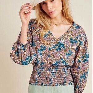 Maeve by Anthropologie Odette Blouse Smocked Floral Bohemian Peasant Top Size S